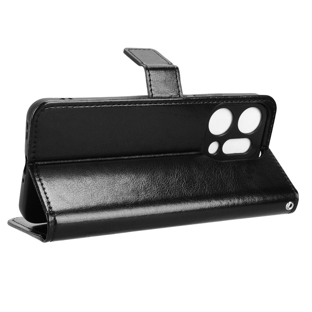 For Oppo Reno14 5G (Global) PU Leather Case with Strap Crazy Horse Texture Phone Wallet Cover - Black