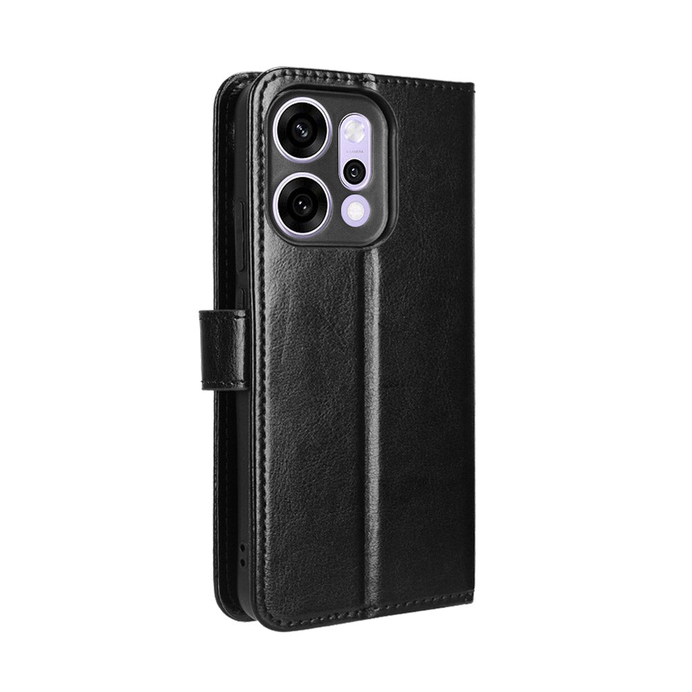 For Oppo Reno14 5G (Global) PU Leather Case with Strap Crazy Horse Texture Phone Wallet Cover - Black