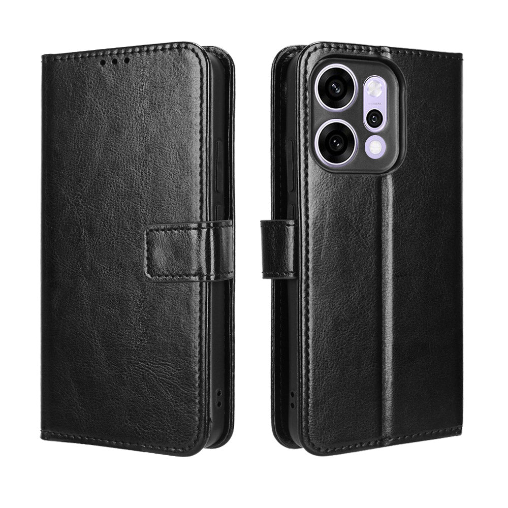 For Oppo Reno14 5G (Global) PU Leather Case with Strap Crazy Horse Texture Phone Wallet Cover - Black