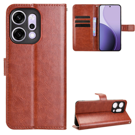 For Oppo Reno14 5G (Global) PU Leather Case with Strap Crazy Horse Texture Phone Wallet Cover - Brown