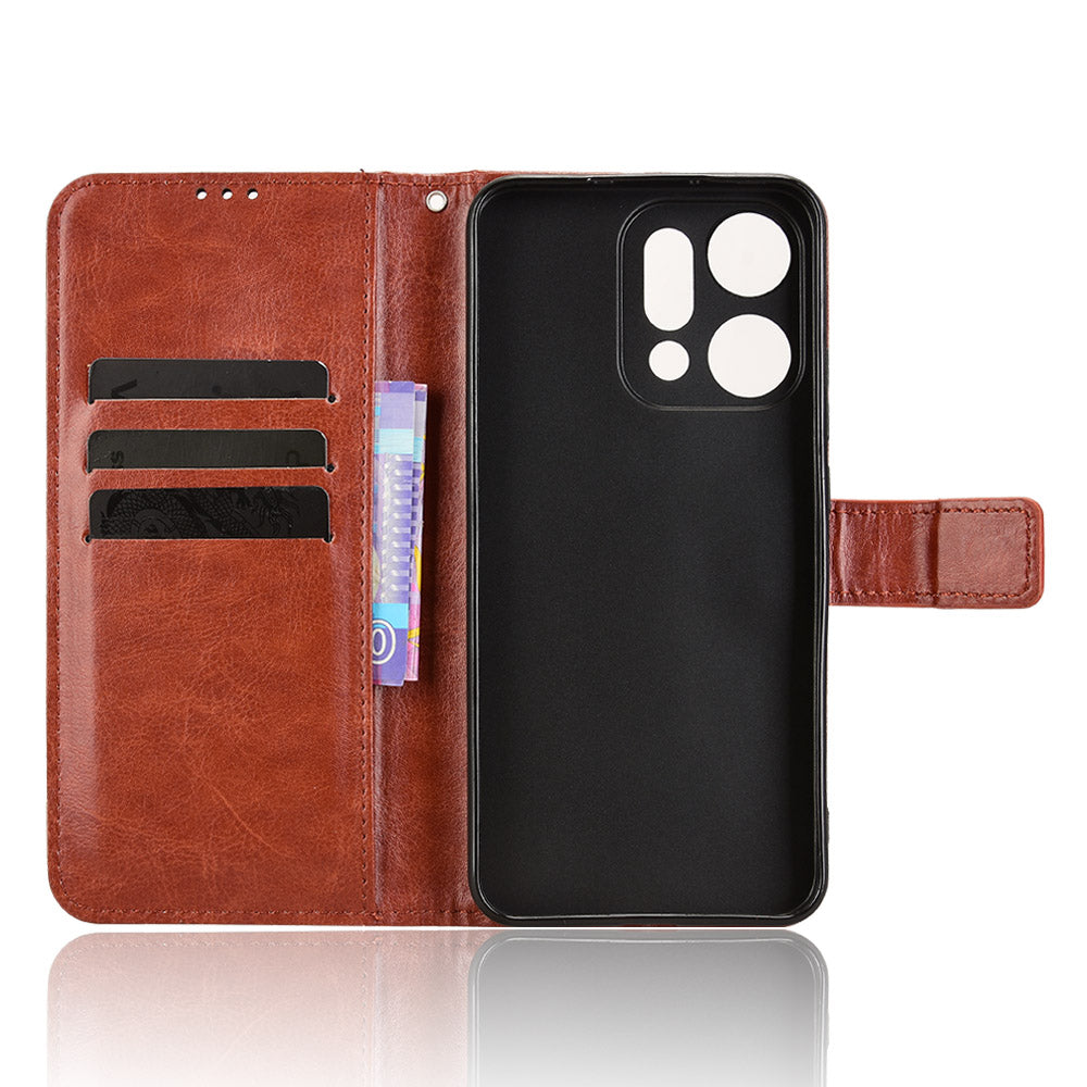 For Oppo Reno14 5G (Global) PU Leather Case with Strap Crazy Horse Texture Phone Wallet Cover - Brown
