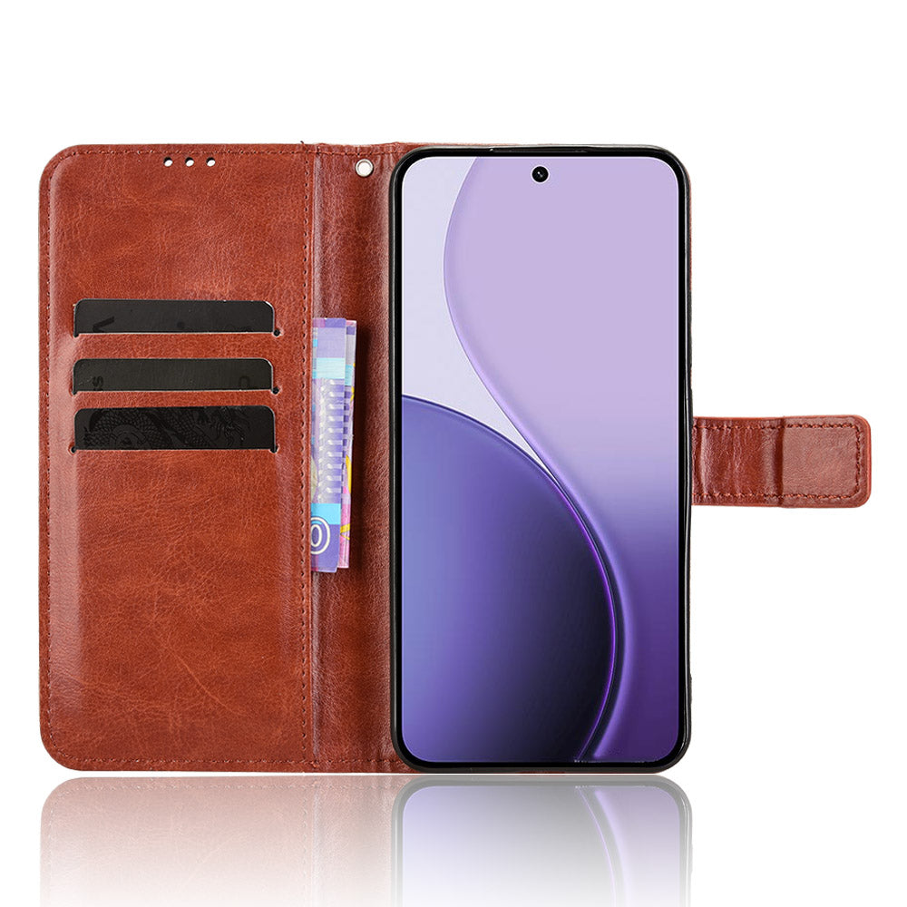For Oppo Reno14 5G (Global) PU Leather Case with Strap Crazy Horse Texture Phone Wallet Cover - Brown