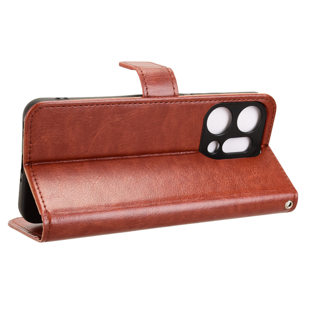 For Oppo Reno14 5G (Global) PU Leather Case with Strap Crazy Horse Texture Phone Wallet Cover - Brown