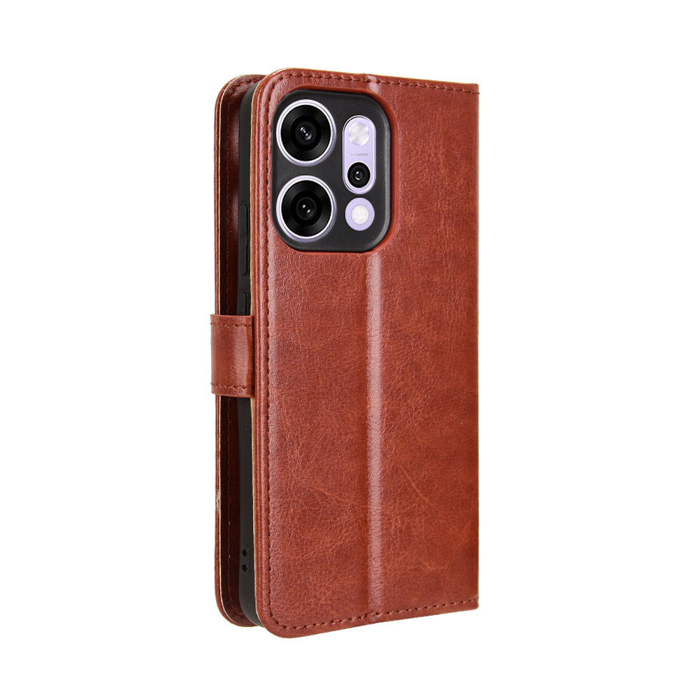 For Oppo Reno14 5G (Global) PU Leather Case with Strap Crazy Horse Texture Phone Wallet Cover - Brown