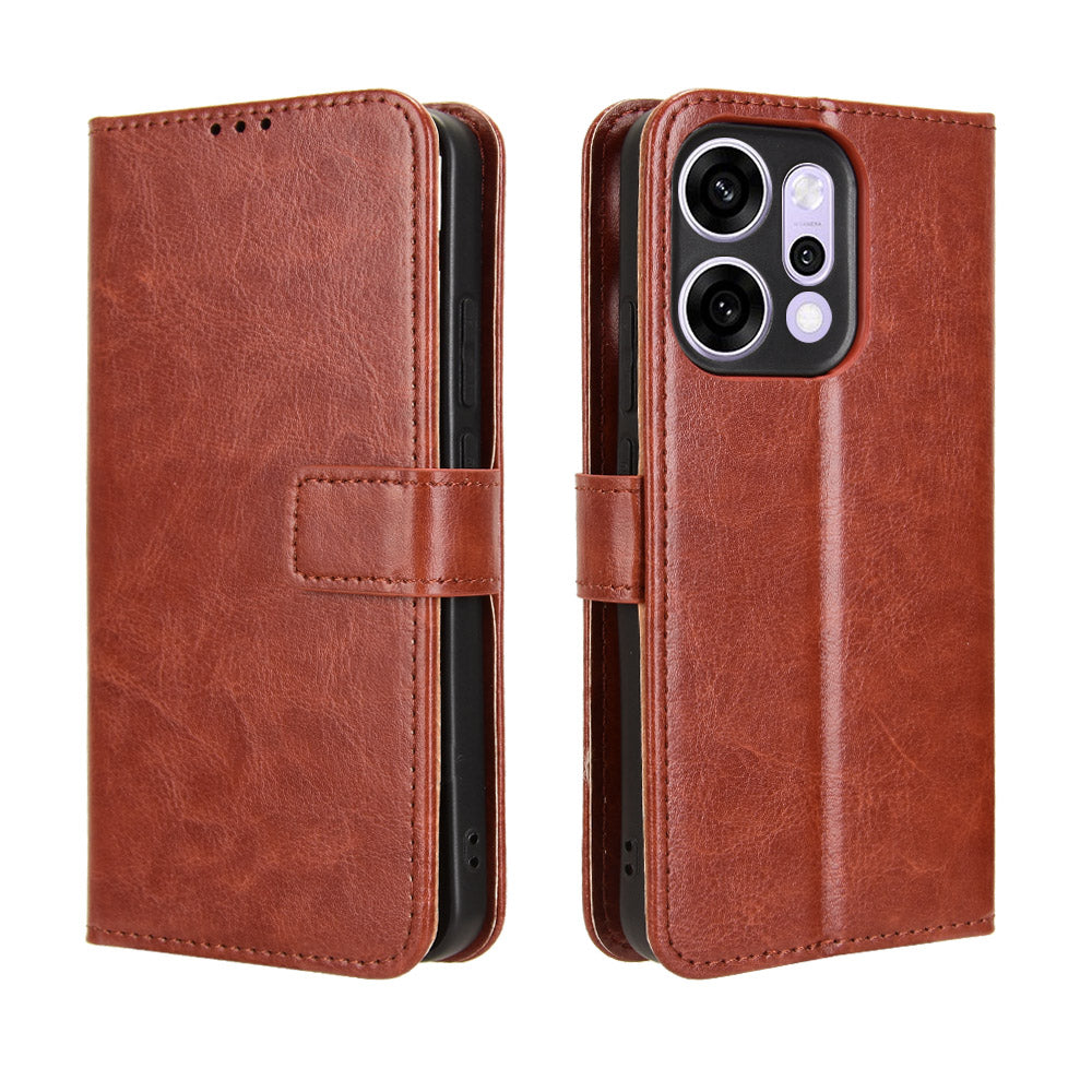 For Oppo Reno14 5G (Global) PU Leather Case with Strap Crazy Horse Texture Phone Wallet Cover - Brown