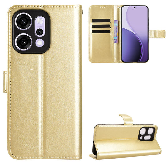 For Oppo Reno14 5G (Global) PU Leather Case with Strap Crazy Horse Texture Phone Wallet Cover - Gold