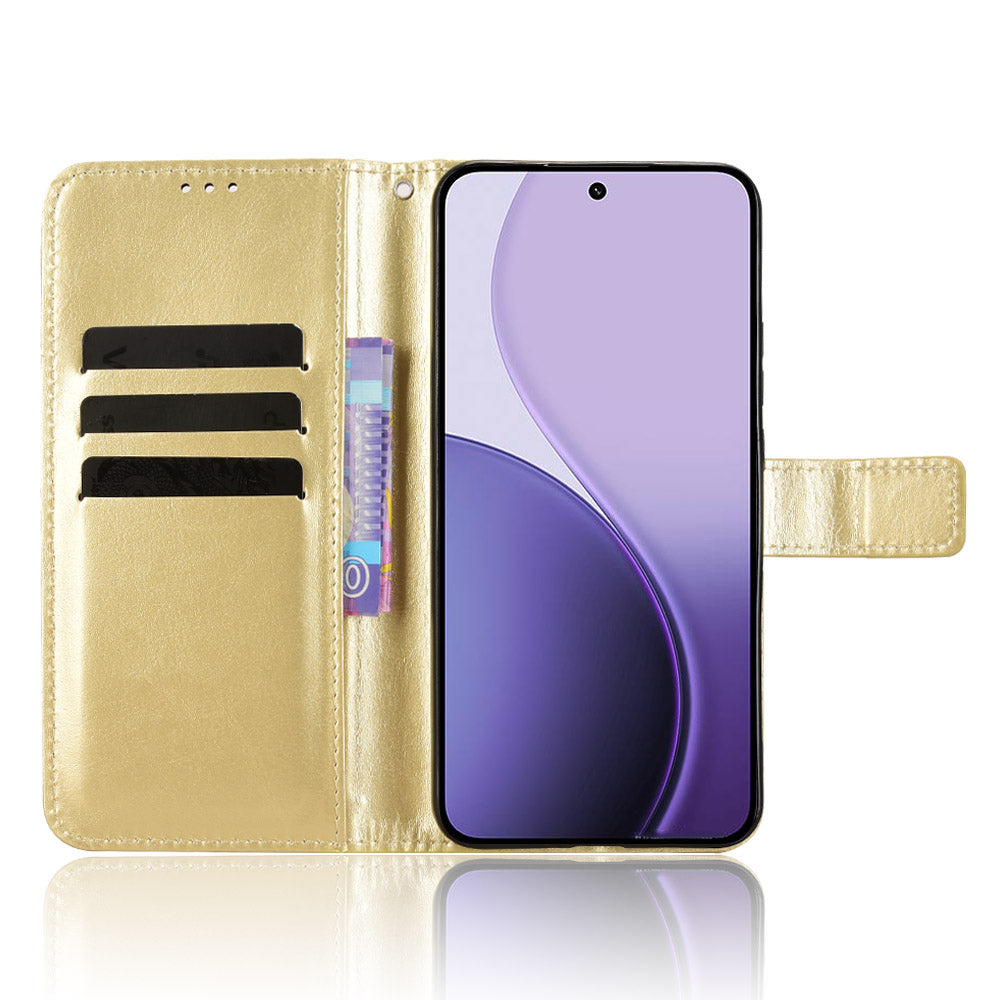 For Oppo Reno14 5G (Global) PU Leather Case with Strap Crazy Horse Texture Phone Wallet Cover - Gold