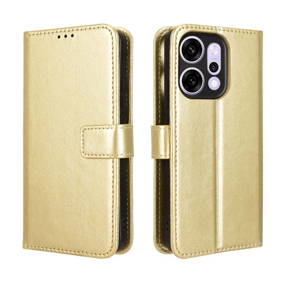 For Oppo Reno14 5G (Global) PU Leather Case with Strap Crazy Horse Texture Phone Wallet Cover - Gold