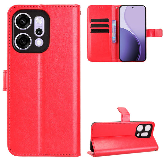 For Oppo Reno14 5G (Global) PU Leather Case with Strap Crazy Horse Texture Phone Wallet Cover - Red