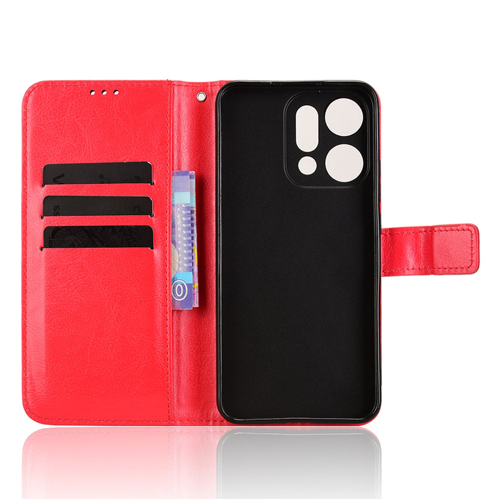 For Oppo Reno14 5G (Global) PU Leather Case with Strap Crazy Horse Texture Phone Wallet Cover - Red