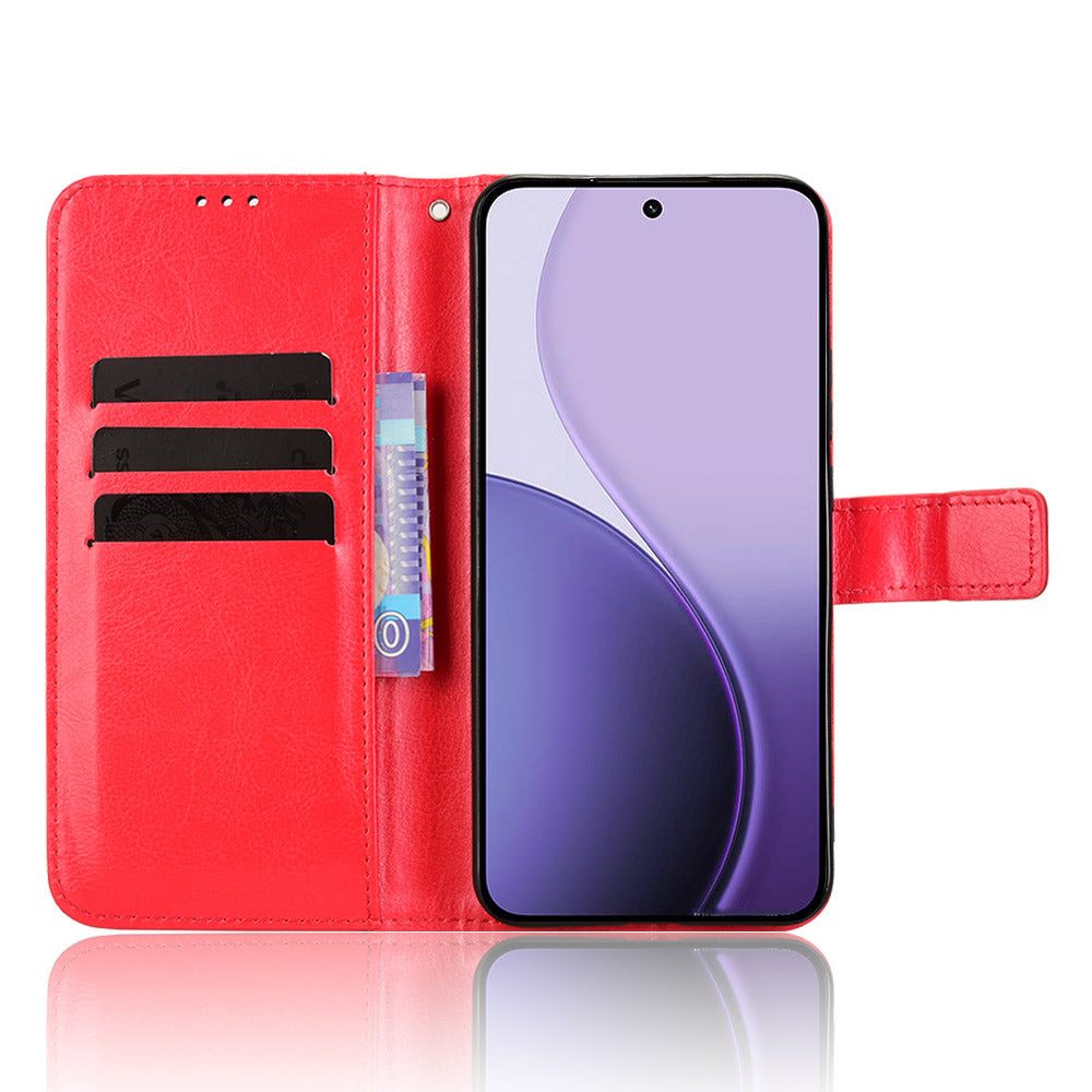 For Oppo Reno14 5G (Global) PU Leather Case with Strap Crazy Horse Texture Phone Wallet Cover - Red