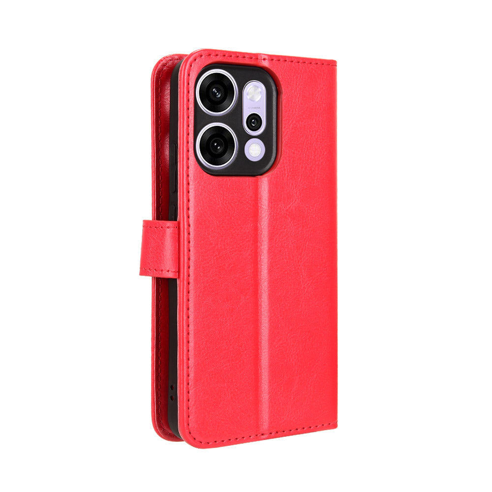 For Oppo Reno14 5G (Global) PU Leather Case with Strap Crazy Horse Texture Phone Wallet Cover - Red