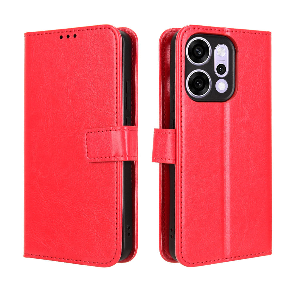 For Oppo Reno14 5G (Global) PU Leather Case with Strap Crazy Horse Texture Phone Wallet Cover - Red