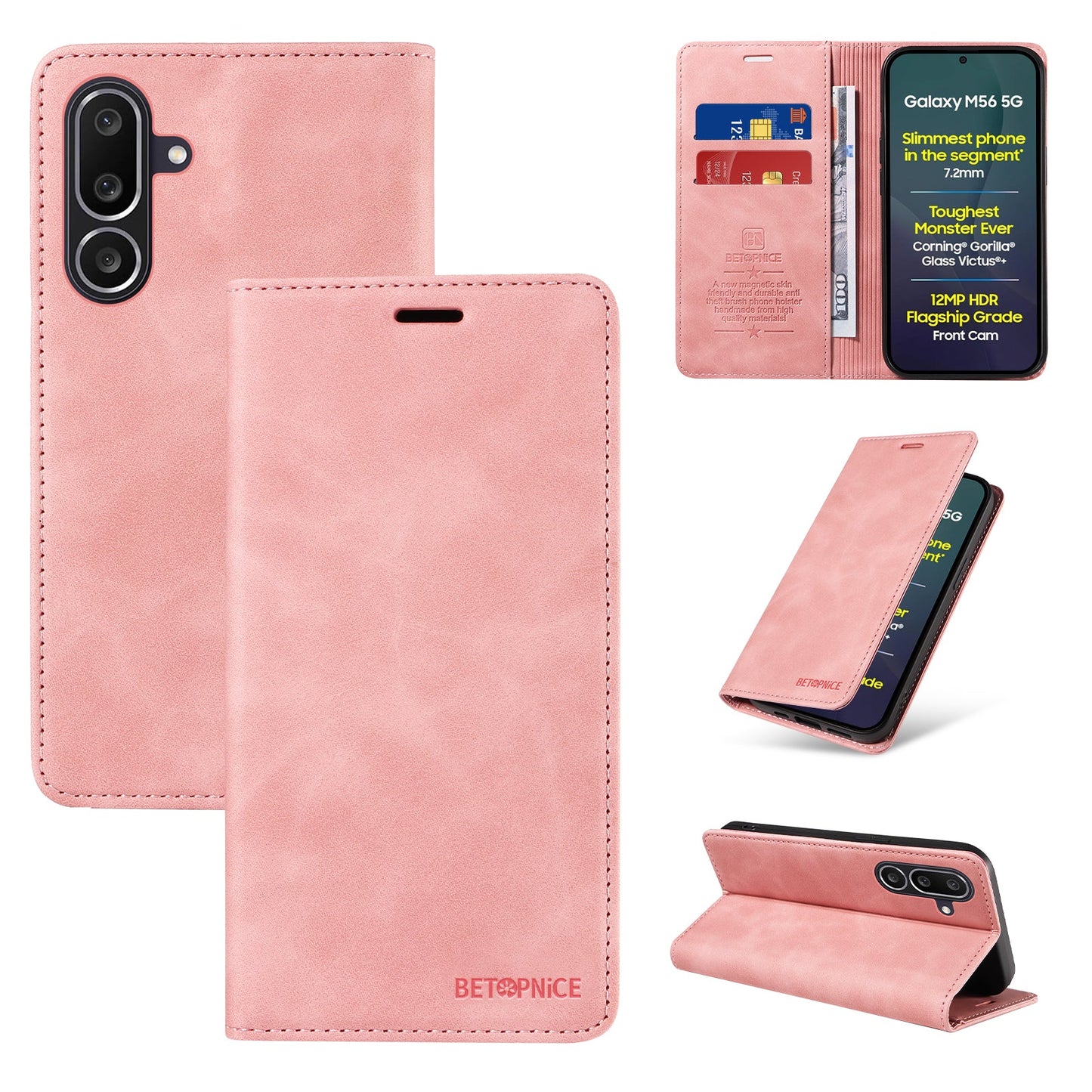 For Samsung Galaxy M56 5G Case BETOPNICE Magnetic Closure RFID Blocking Wallet Stand Leather Phone Cover - Pink