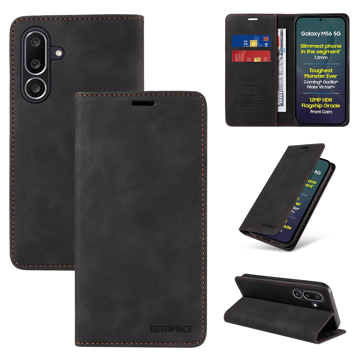 For Samsung Galaxy M56 5G Case BETOPNICE Magnetic Closure RFID Blocking Wallet Stand Leather Phone Cover - Black