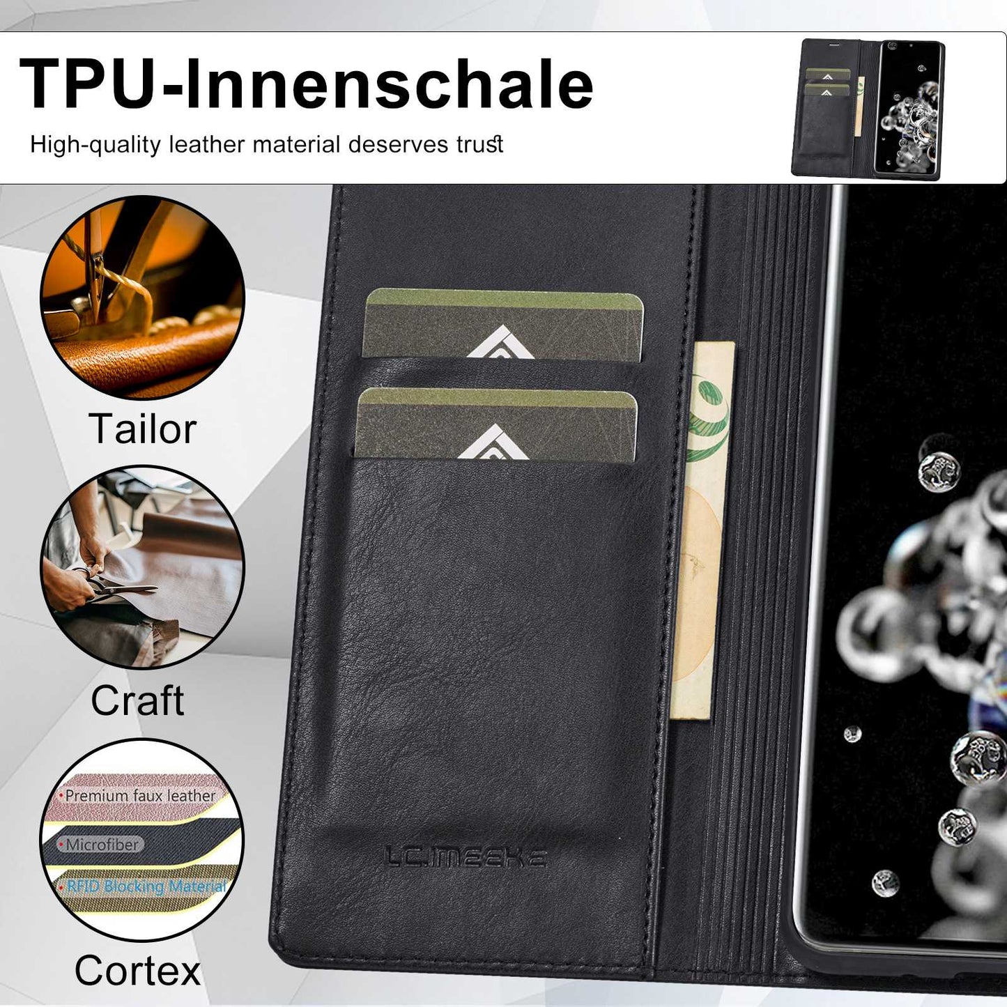 LC.IMEEKE For Samsung Galaxy S20 Ultra PU Leather Magnetic Auto-absorbed Flip Case RFID Blocking Wallet Stand Phone Cover - Black