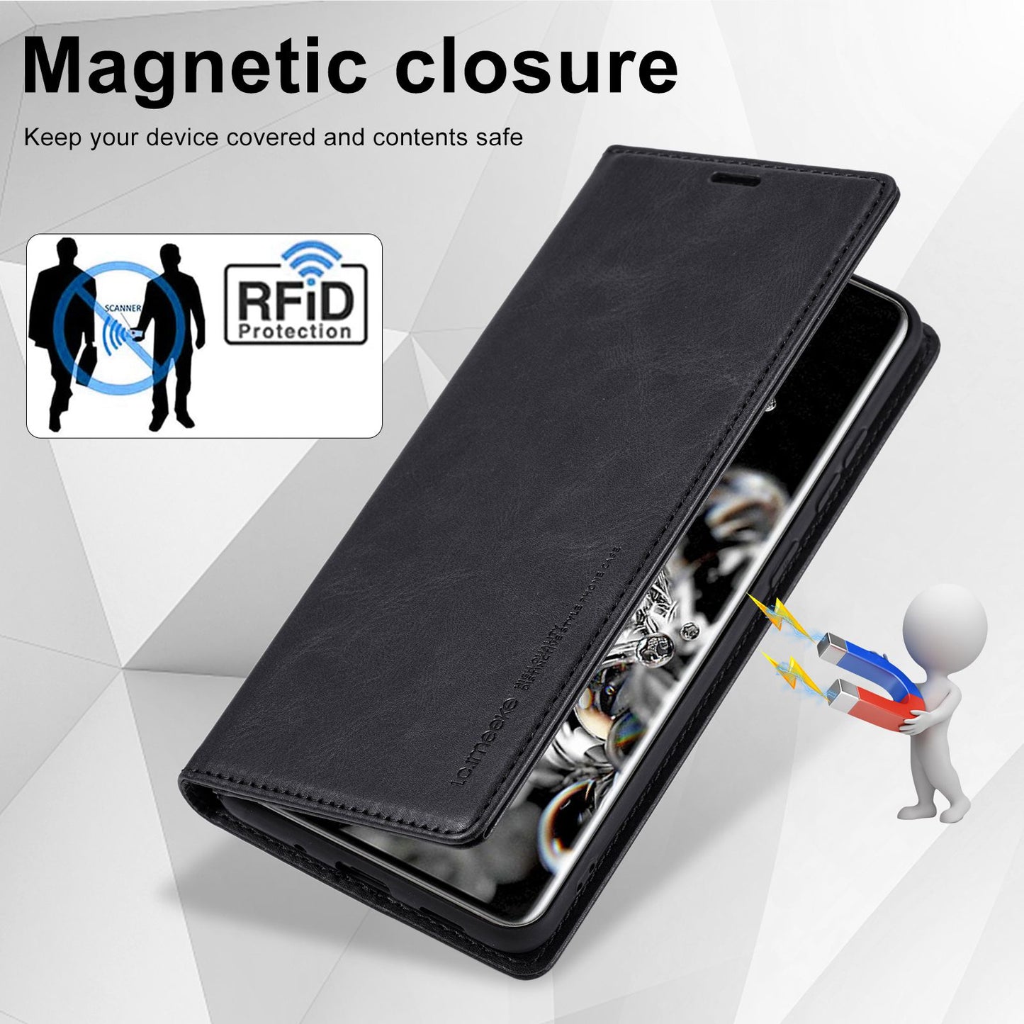 LC.IMEEKE For Samsung Galaxy S20 Ultra PU Leather Magnetic Auto-absorbed Flip Case RFID Blocking Wallet Stand Phone Cover - Black