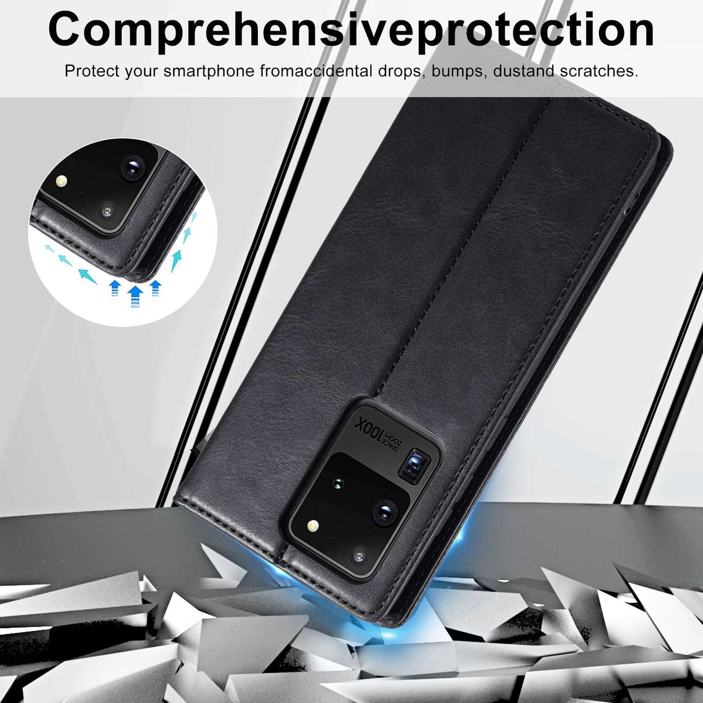 LC.IMEEKE For Samsung Galaxy S20 Ultra PU Leather Magnetic Auto-absorbed Flip Case RFID Blocking Wallet Stand Phone Cover - Black