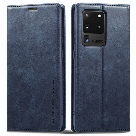 LC.IMEEKE For Samsung Galaxy S20 Ultra PU Leather Magnetic Auto-absorbed Flip Case RFID Blocking Wallet Stand Phone Cover - Blue