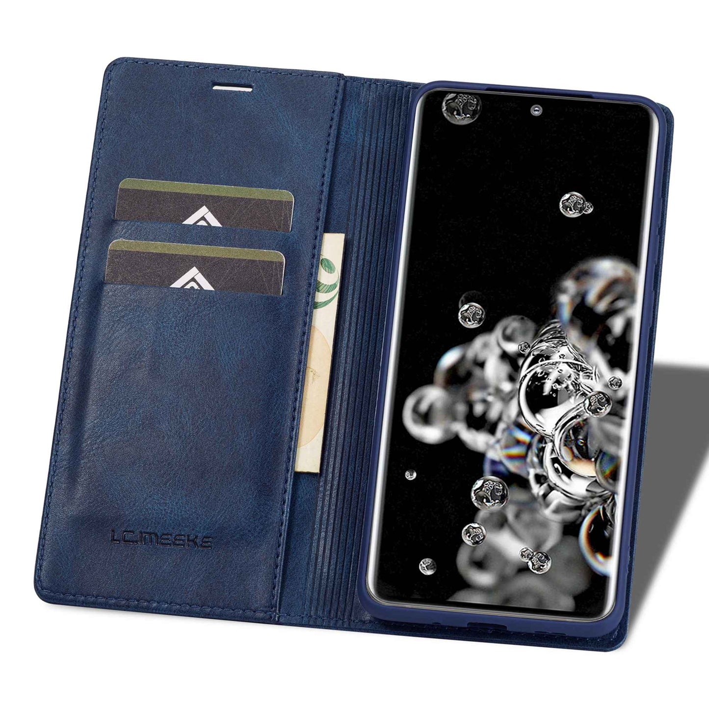 LC.IMEEKE For Samsung Galaxy S20 Ultra PU Leather Magnetic Auto-absorbed Flip Case RFID Blocking Wallet Stand Phone Cover - Blue