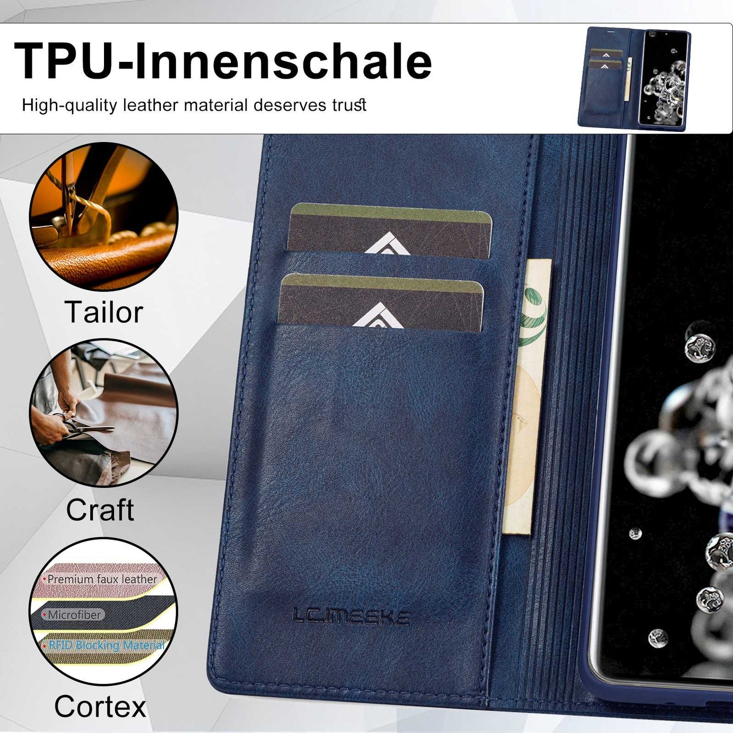 LC.IMEEKE For Samsung Galaxy S20 Ultra PU Leather Magnetic Auto-absorbed Flip Case RFID Blocking Wallet Stand Phone Cover - Blue