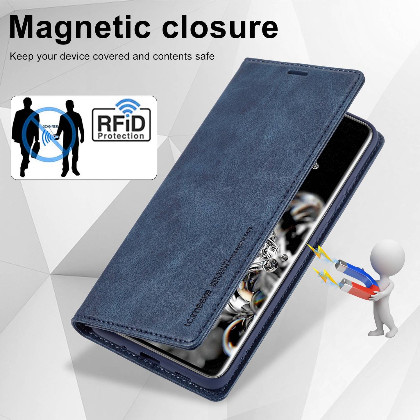 LC.IMEEKE For Samsung Galaxy S20 Ultra PU Leather Magnetic Auto-absorbed Flip Case RFID Blocking Wallet Stand Phone Cover - Blue