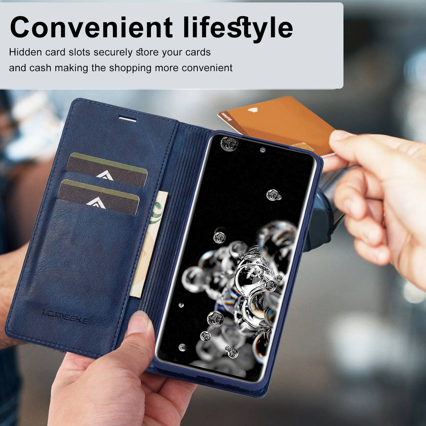 LC.IMEEKE For Samsung Galaxy S20 Ultra PU Leather Magnetic Auto-absorbed Flip Case RFID Blocking Wallet Stand Phone Cover - Blue