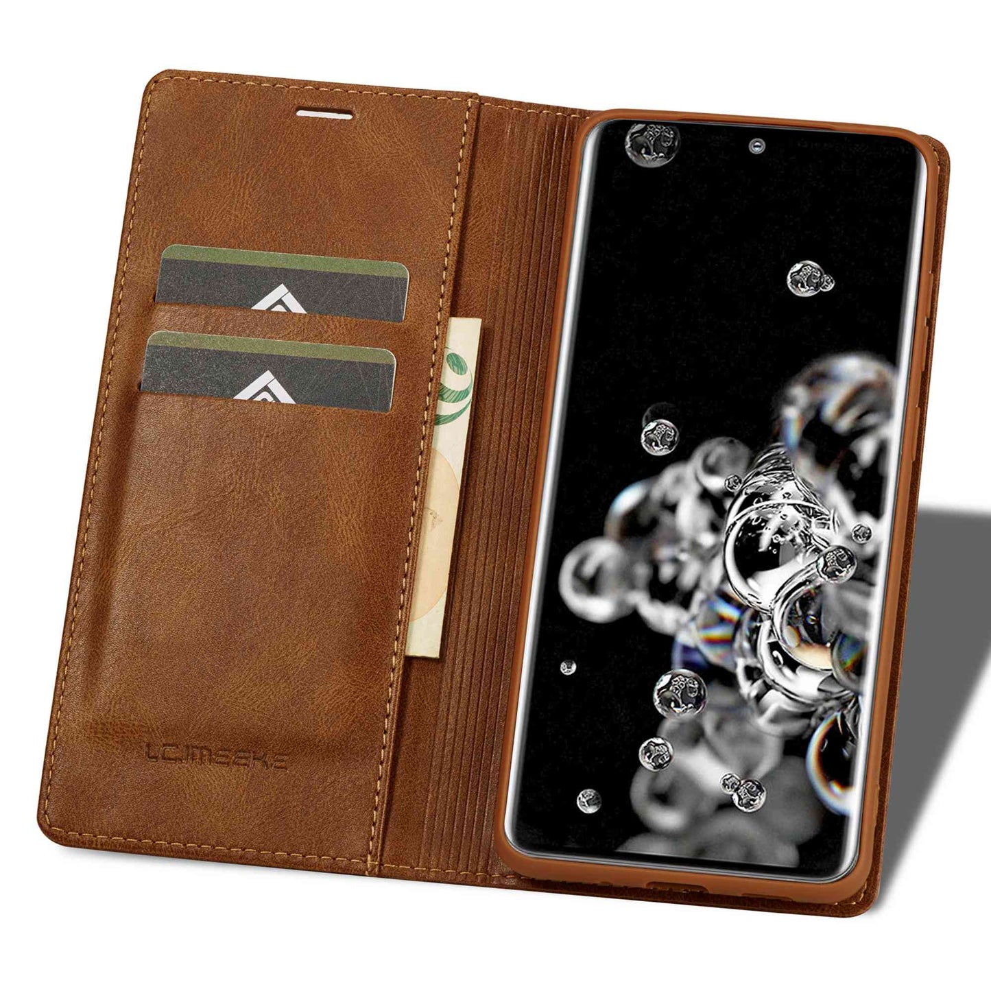 LC.IMEEKE For Samsung Galaxy S20 Ultra PU Leather Magnetic Auto-absorbed Flip Case RFID Blocking Wallet Stand Phone Cover - Brown