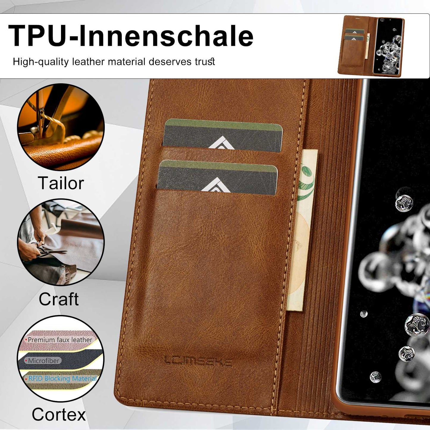 LC.IMEEKE For Samsung Galaxy S20 Ultra PU Leather Magnetic Auto-absorbed Flip Case RFID Blocking Wallet Stand Phone Cover - Brown
