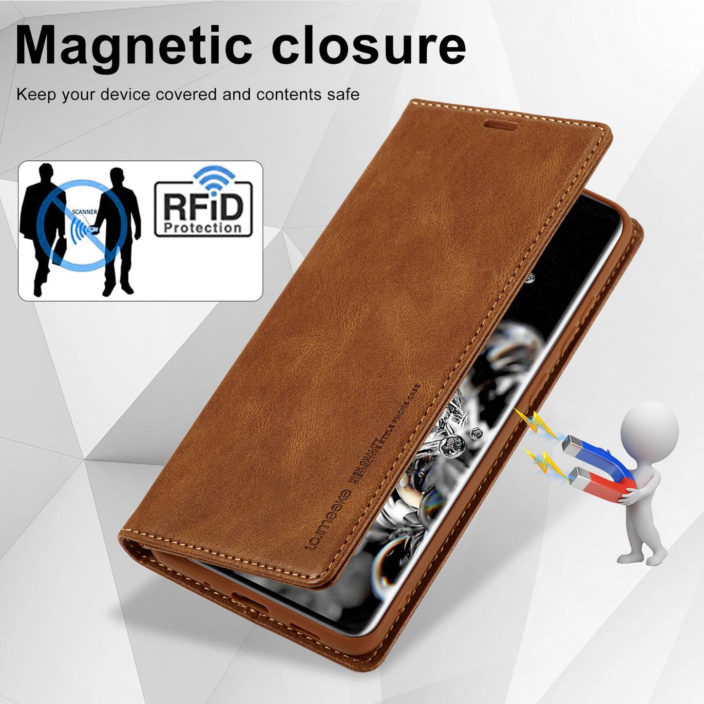 LC.IMEEKE For Samsung Galaxy S20 Ultra PU Leather Magnetic Auto-absorbed Flip Case RFID Blocking Wallet Stand Phone Cover - Brown
