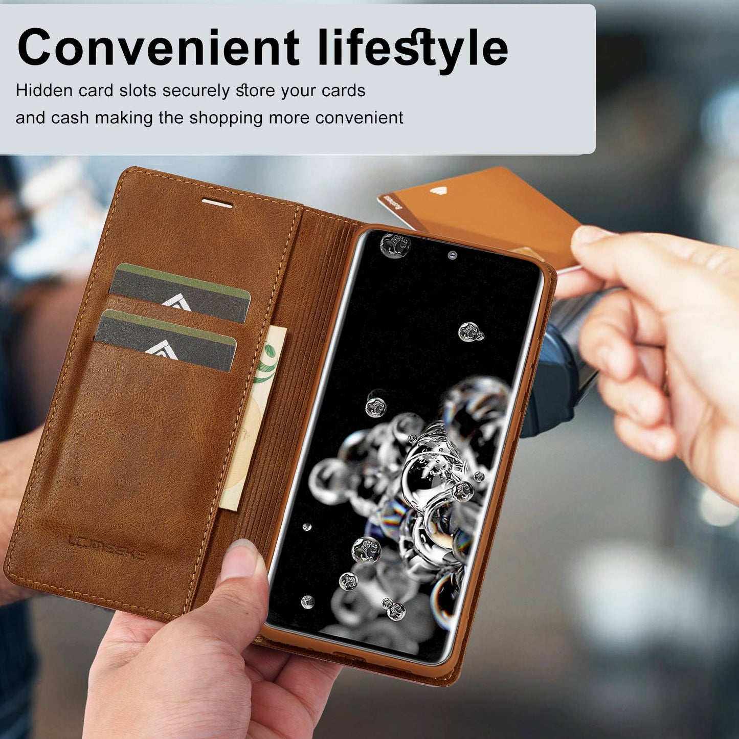 LC.IMEEKE For Samsung Galaxy S20 Ultra PU Leather Magnetic Auto-absorbed Flip Case RFID Blocking Wallet Stand Phone Cover - Brown