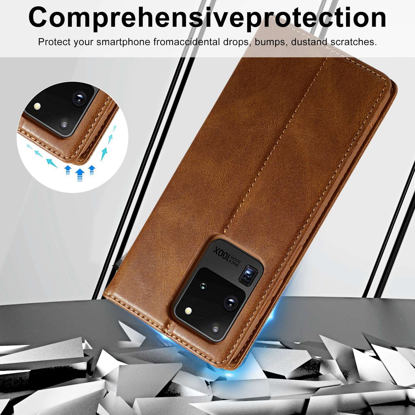 LC.IMEEKE For Samsung Galaxy S20 Ultra PU Leather Magnetic Auto-absorbed Flip Case RFID Blocking Wallet Stand Phone Cover - Brown