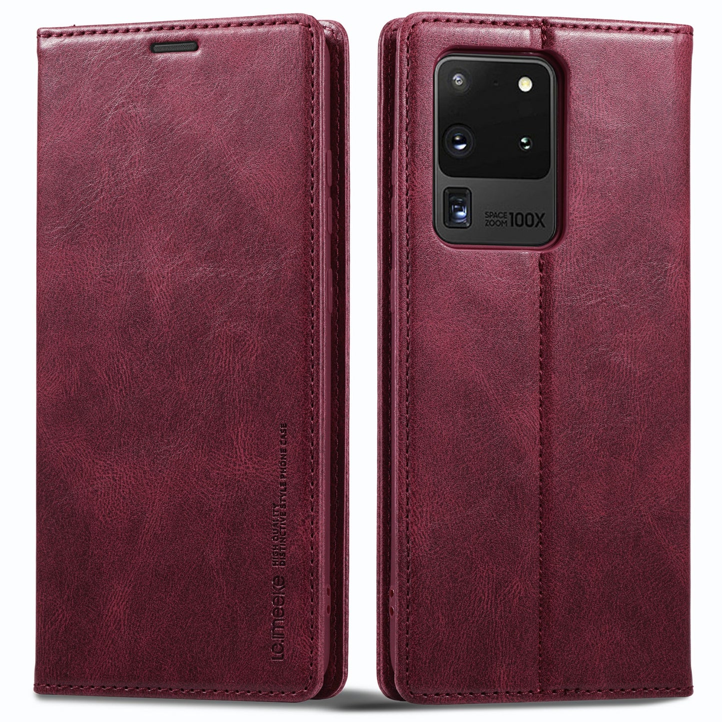 LC.IMEEKE For Samsung Galaxy S20 Ultra PU Leather Magnetic Auto-absorbed Flip Case RFID Blocking Wallet Stand Phone Cover - Red