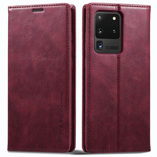 LC.IMEEKE For Samsung Galaxy S20 Ultra PU Leather Magnetic Auto-absorbed Flip Case RFID Blocking Wallet Stand Phone Cover - Red