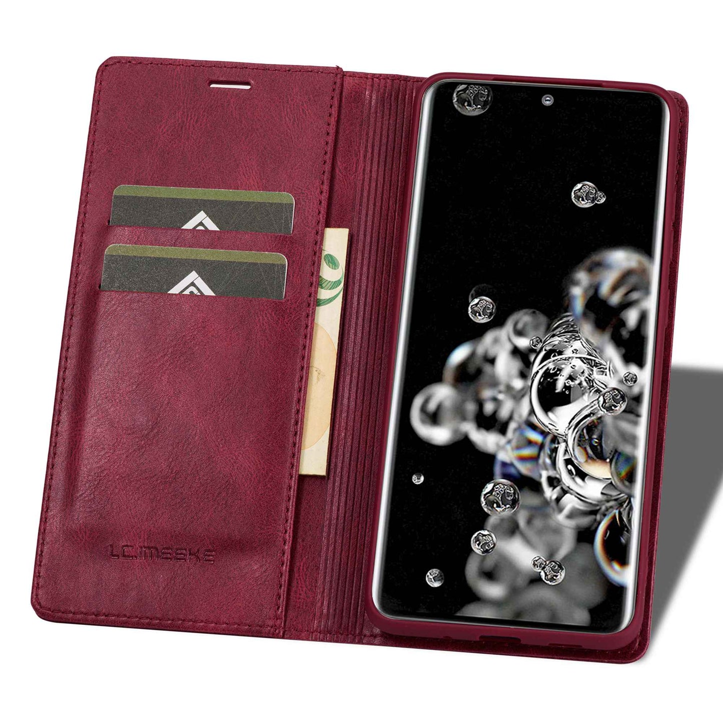 LC.IMEEKE For Samsung Galaxy S20 Ultra PU Leather Magnetic Auto-absorbed Flip Case RFID Blocking Wallet Stand Phone Cover - Red