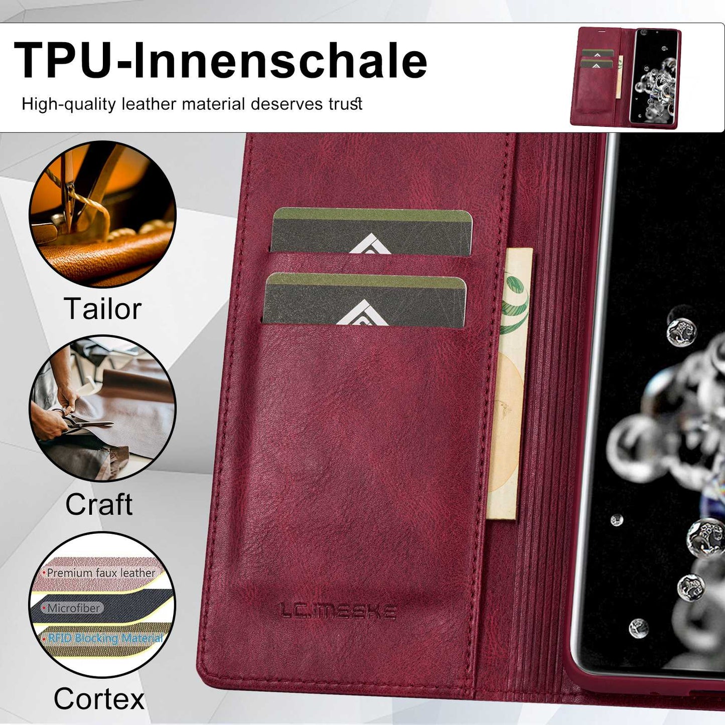 LC.IMEEKE For Samsung Galaxy S20 Ultra PU Leather Magnetic Auto-absorbed Flip Case RFID Blocking Wallet Stand Phone Cover - Red