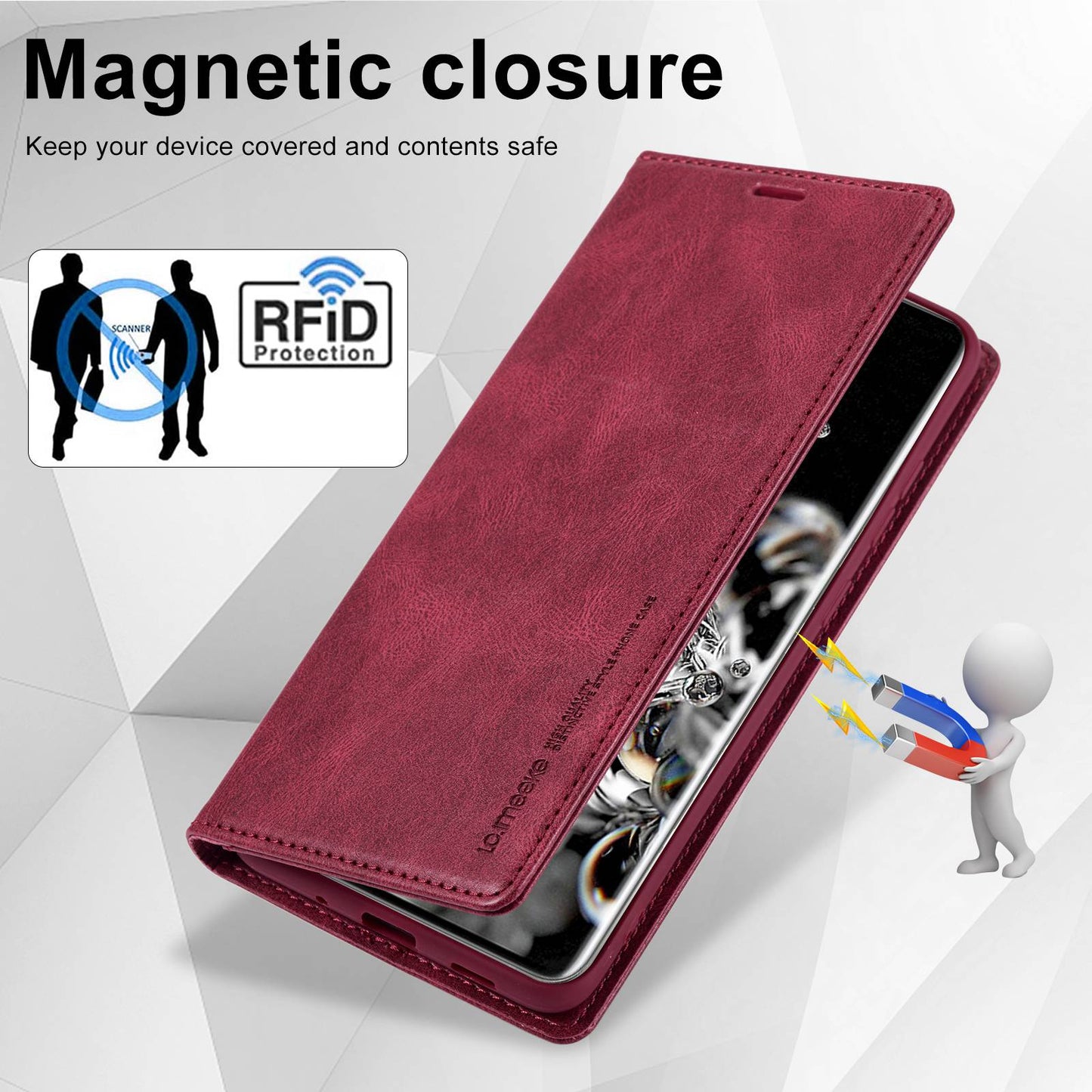 LC.IMEEKE For Samsung Galaxy S20 Ultra PU Leather Magnetic Auto-absorbed Flip Case RFID Blocking Wallet Stand Phone Cover - Red