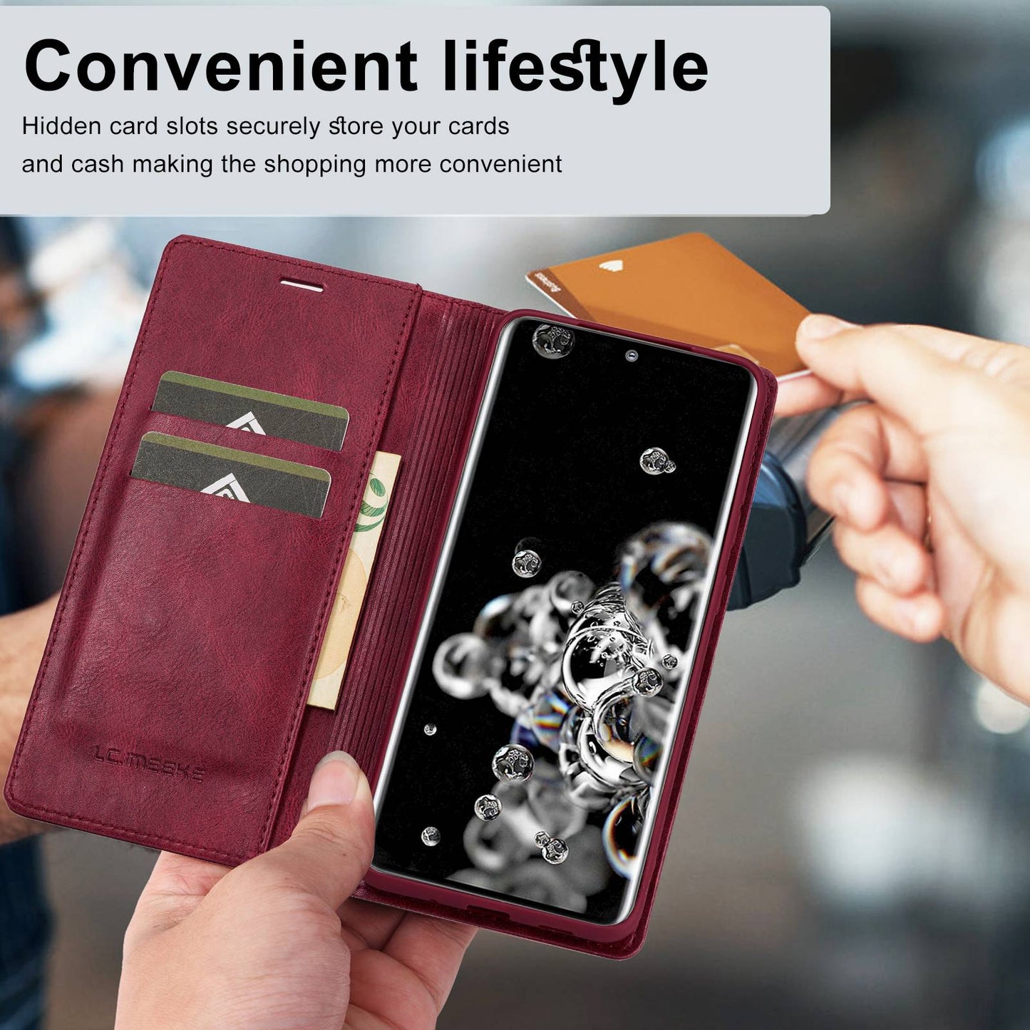 LC.IMEEKE For Samsung Galaxy S20 Ultra PU Leather Magnetic Auto-absorbed Flip Case RFID Blocking Wallet Stand Phone Cover - Red