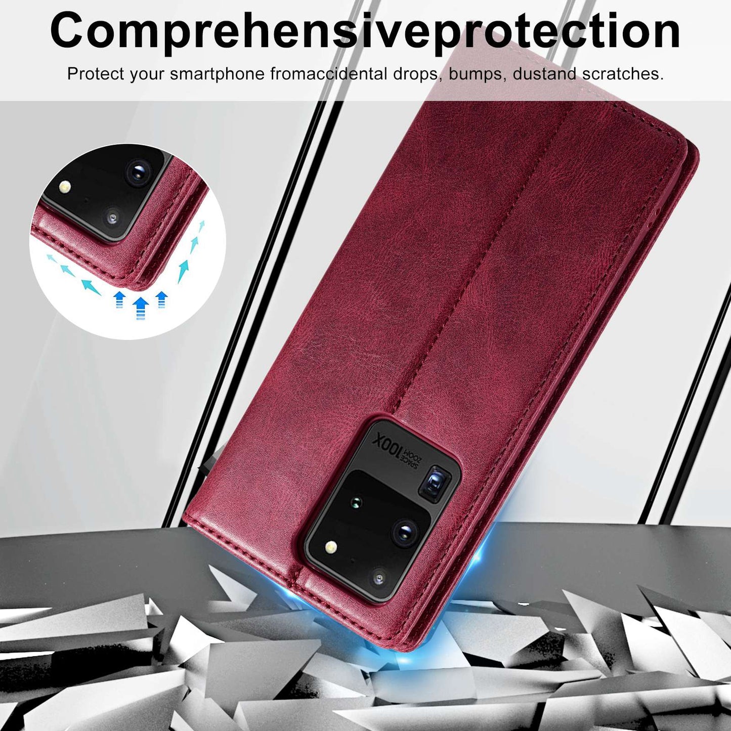 LC.IMEEKE For Samsung Galaxy S20 Ultra PU Leather Magnetic Auto-absorbed Flip Case RFID Blocking Wallet Stand Phone Cover - Red