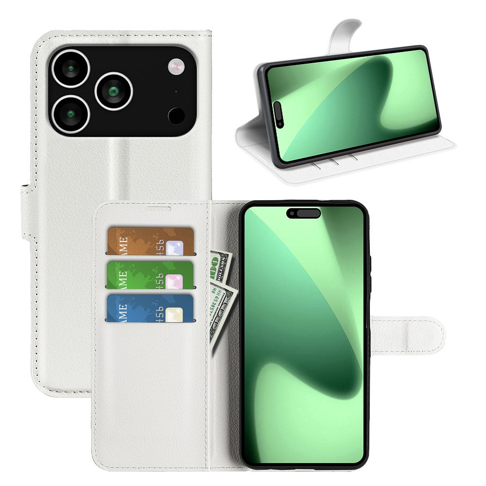 For iPhone 17 Pro Max Case Litchi Texture Shockproof Leather Wallet Phone Cover - White