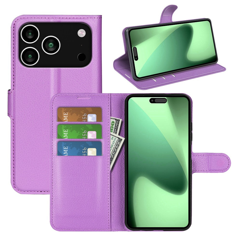 For iPhone 17 Pro Max Case Litchi Texture Shockproof Leather Wallet Phone Cover - Purple