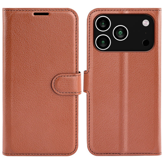For iPhone 17 Pro Max Case Litchi Texture Shockproof Leather Wallet Phone Cover - Brown