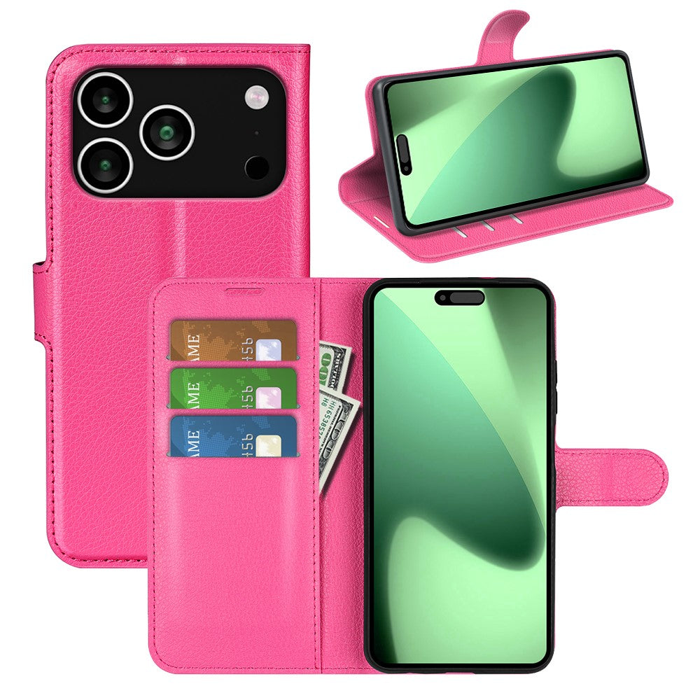 For iPhone 17 Pro Max Case Litchi Texture Shockproof Leather Wallet Phone Cover - Rose Red
