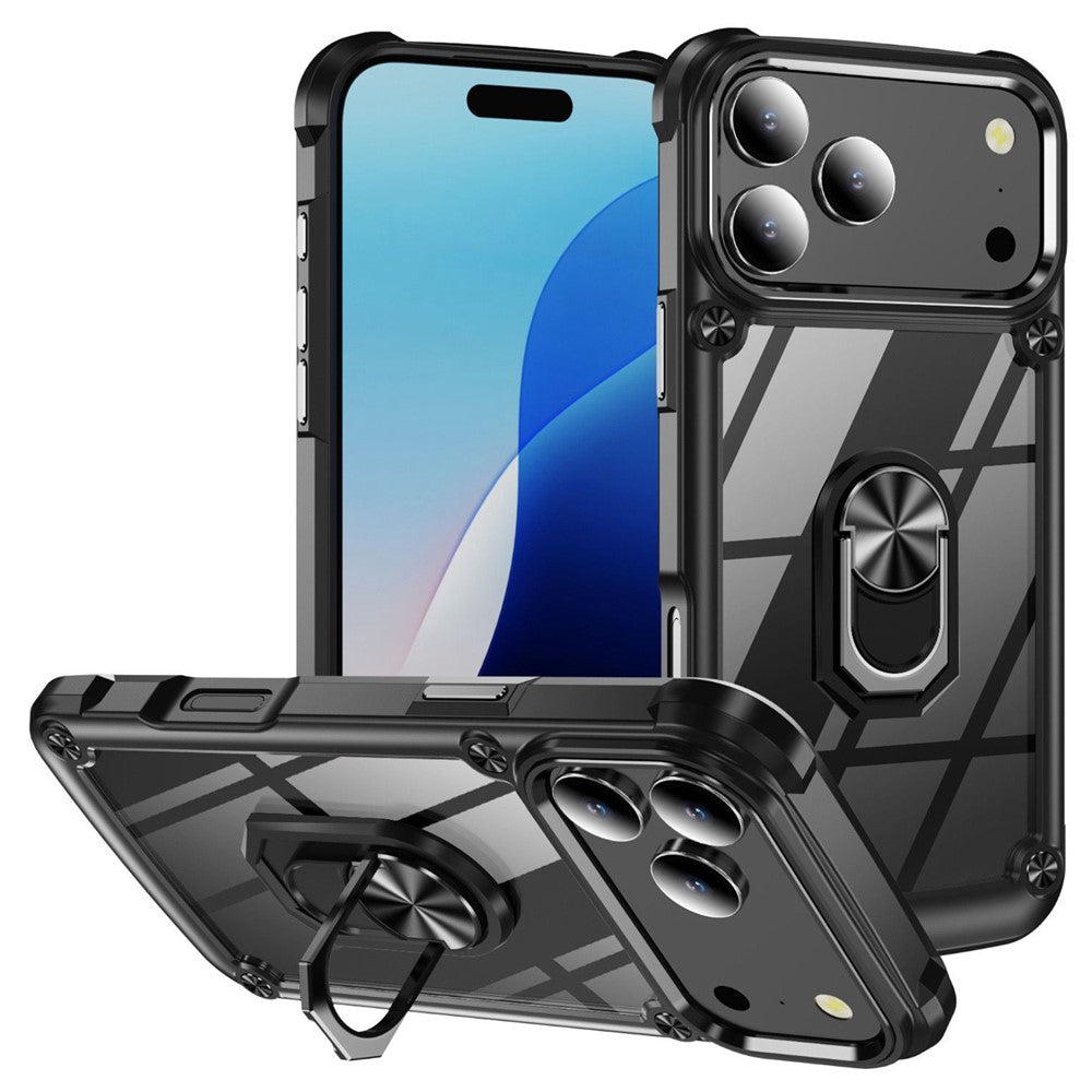 For iPhone 17 Pro Max Case Alloy Lens Frame PC + TPU Kickstand Phone Back Cover - Black