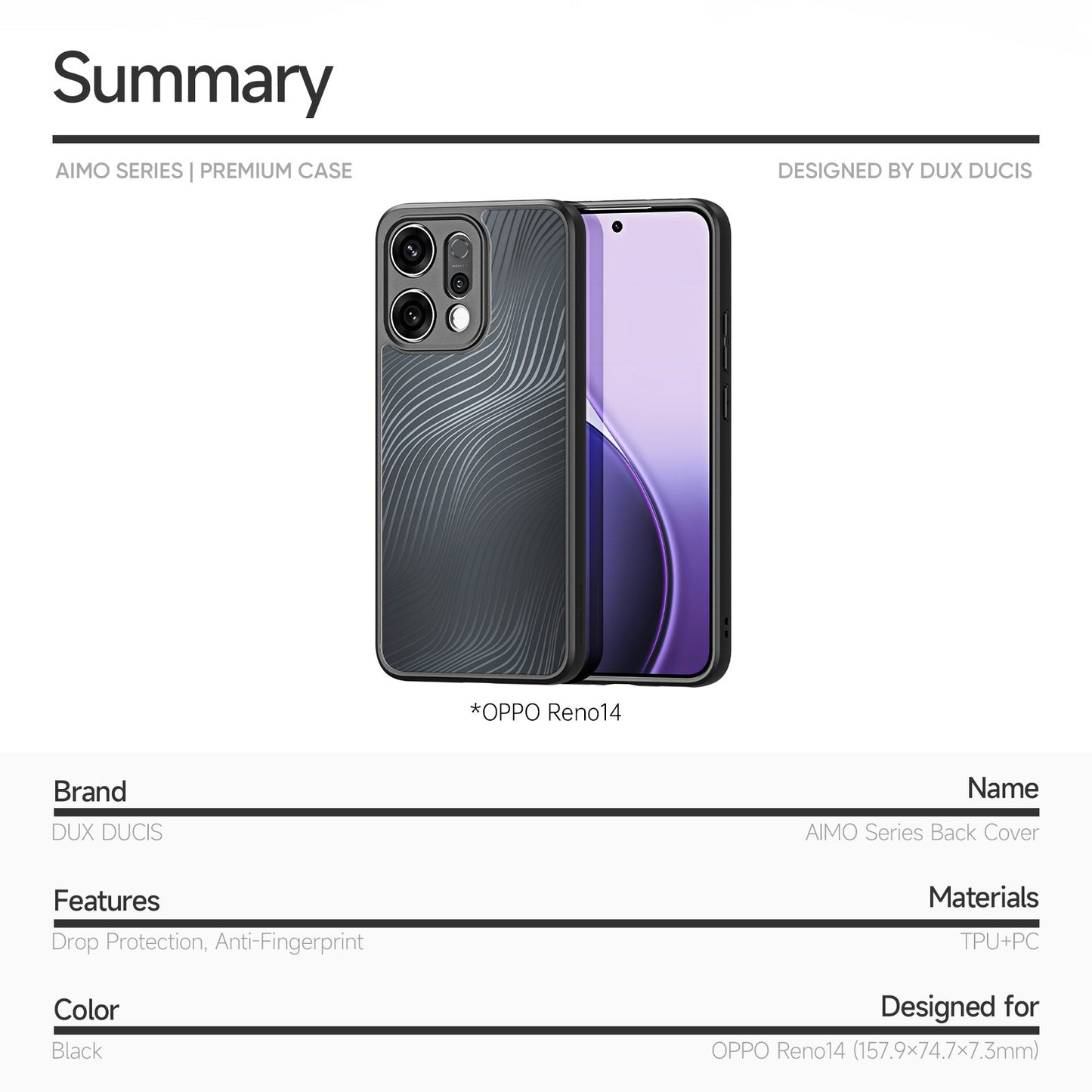 For Oppo Reno14 5G (Global) Case DUX DUCIS Aimo Series TPU+PC Matte Drop-Proof Phone Cover (REACH Certification) - Black