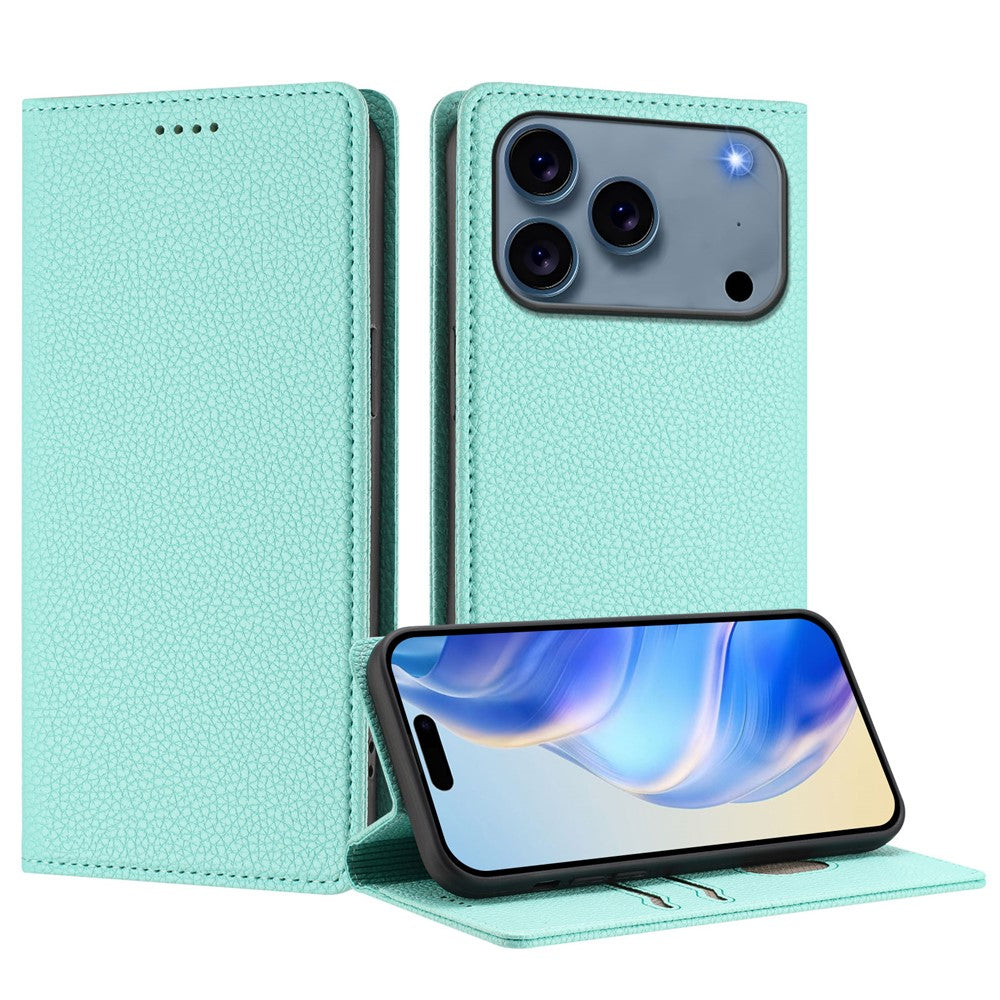 For iPhone 17 Pro Max Wallet Case RFID Blocking Litchi Texture Leather Mobile Cover - Mint Green