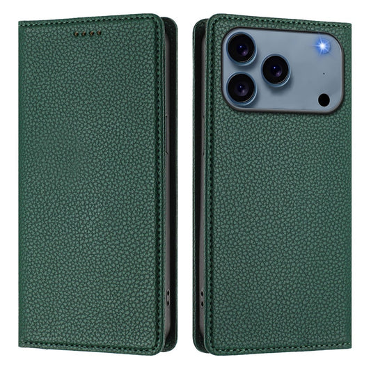 For iPhone 17 Pro Max Wallet Case RFID Blocking Litchi Texture Leather Mobile Cover - Dark Green