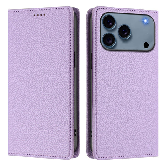 For iPhone 17 Pro Max Wallet Case RFID Blocking Litchi Texture Leather Mobile Cover - Light Purple