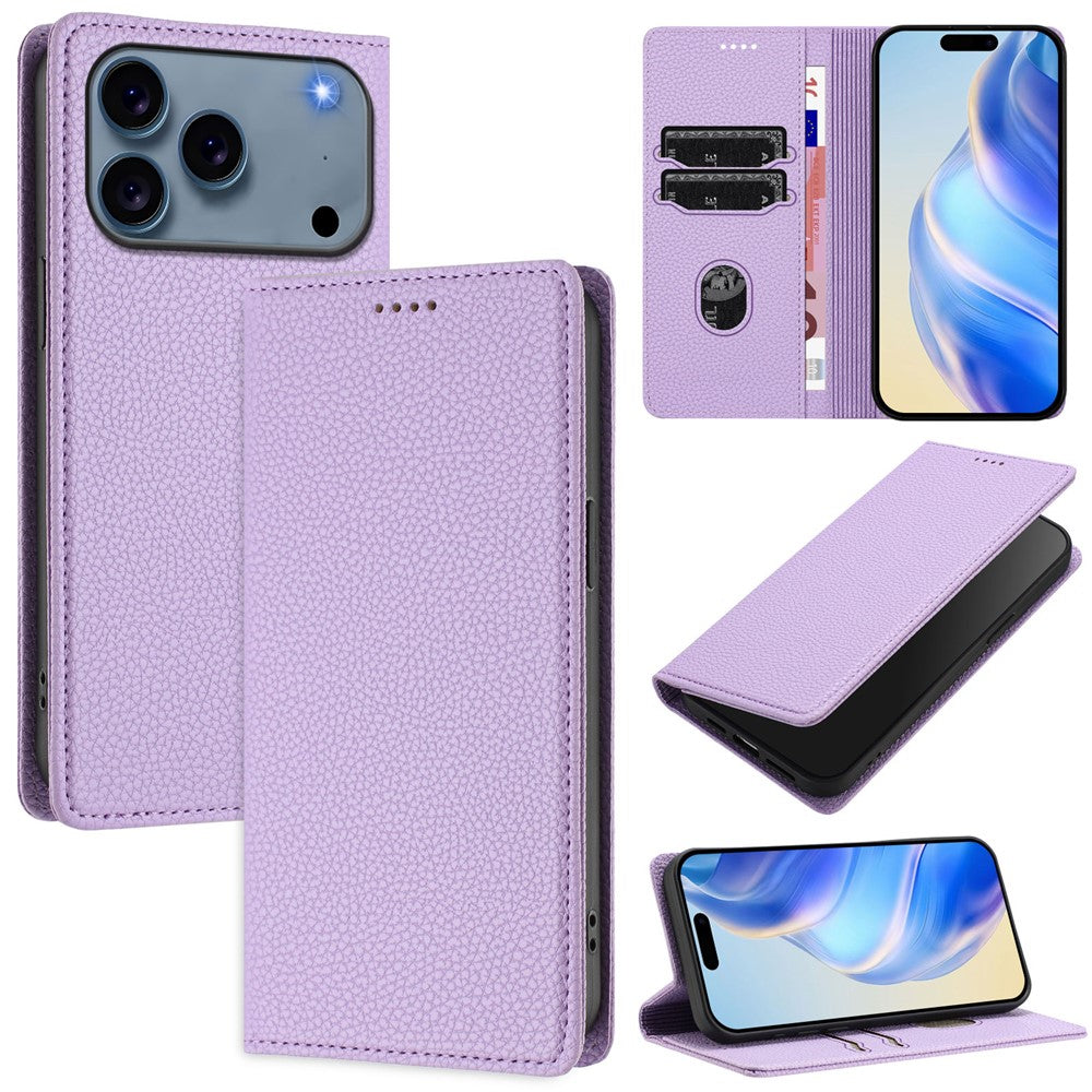 For iPhone 17 Pro Max Wallet Case RFID Blocking Litchi Texture Leather Mobile Cover - Light Purple