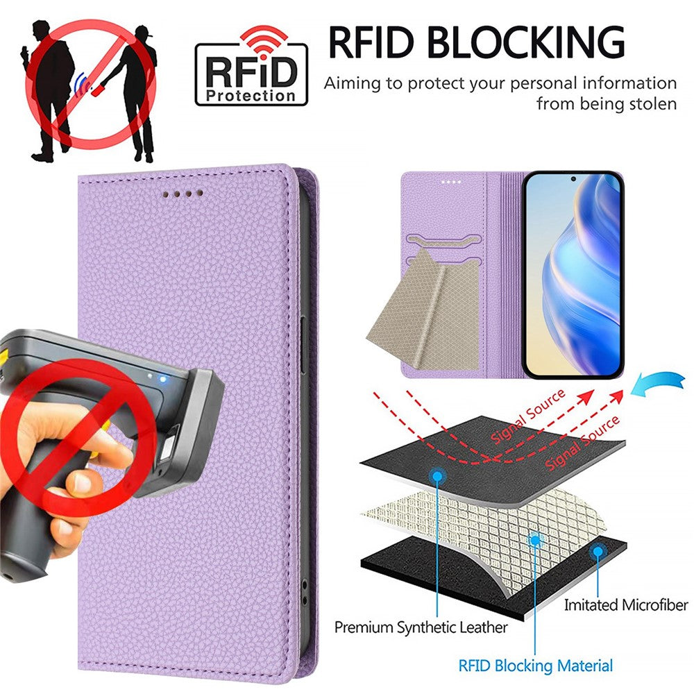 For iPhone 17 Pro Max Wallet Case RFID Blocking Litchi Texture Leather Mobile Cover - Light Purple
